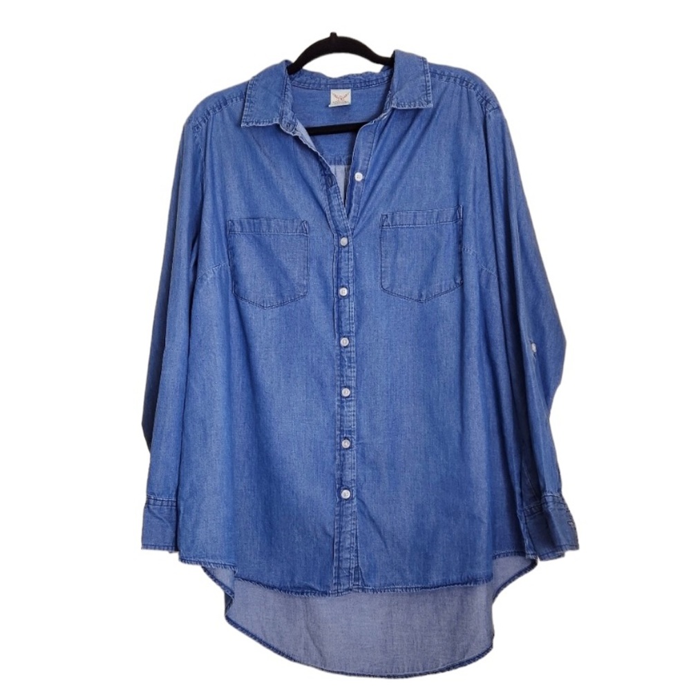 Cotton blue jean denim button down shirt rolled sleeves Size 1X (16W)
